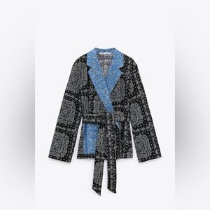 NWT Zara Paisley Printed Black & Blue Wrap Blouse
